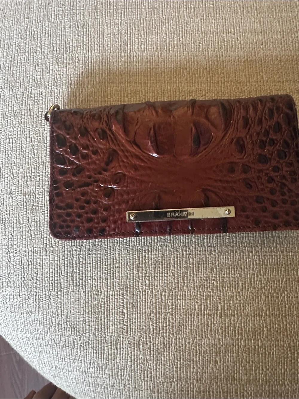 Brahmin Dark Brown Croc-Embossed Leather Wallet with Metal Plaque